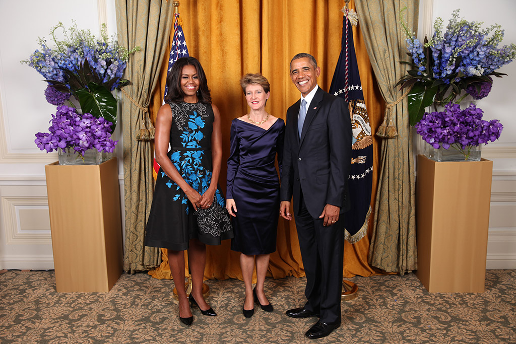 Bundespräsidentin Simonetta Sommaruga am Empfang von Präsident Barack Obama und First Lady Michelle Obama im New York Palace Hotel (Foto: Official White House Photo by Lawrence Jackson)