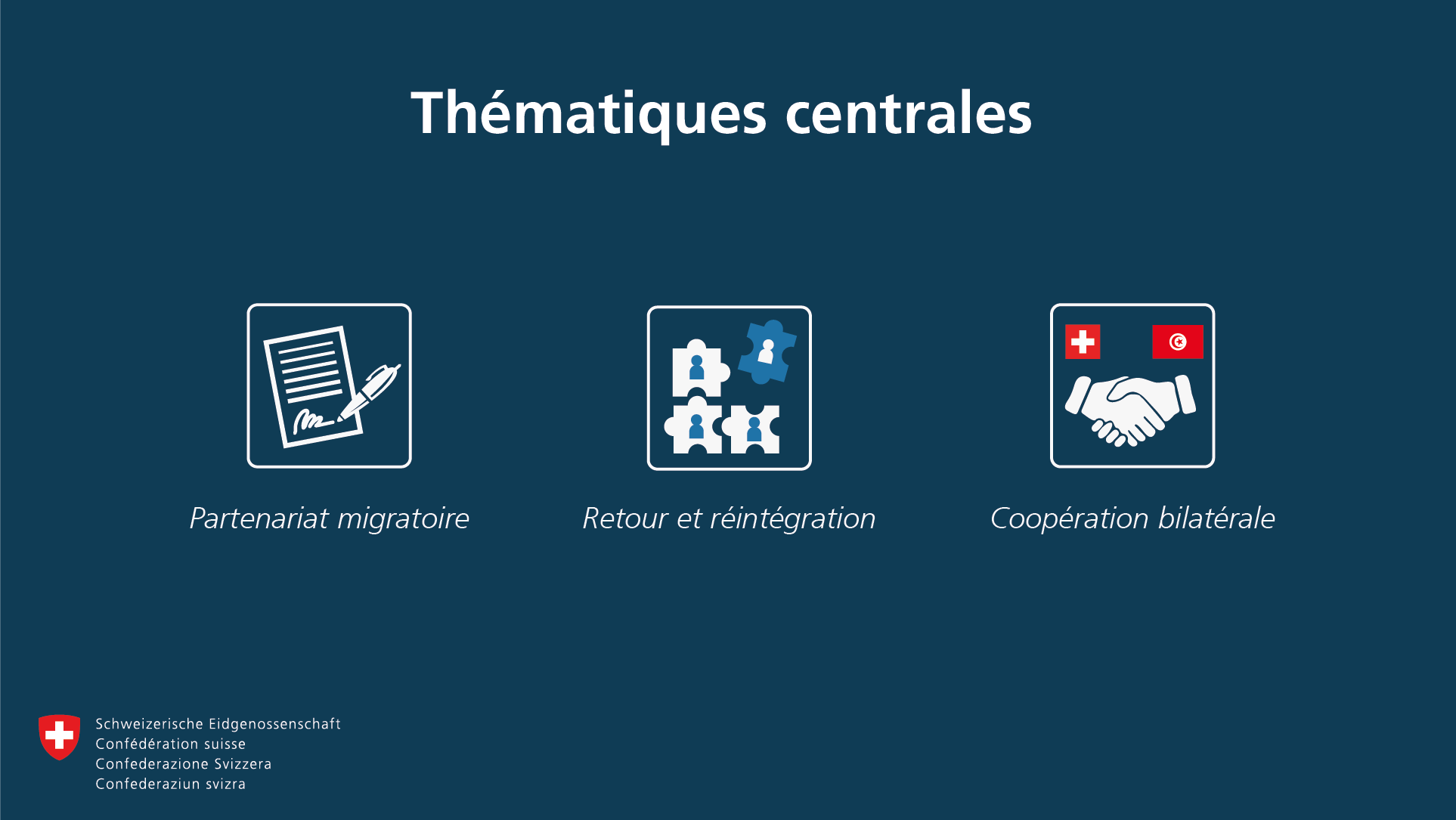 Thématiques centrales : Partenariat migratoire. Retour et réintégration. Coopération bilatérale.