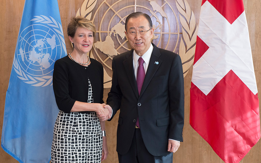 Le Secrétaire général de l’ONU Ban Ki-moon et la présidente de la Confédération Simonetta Sommaruga (photo: UN Photo/Eskinder Debebe)