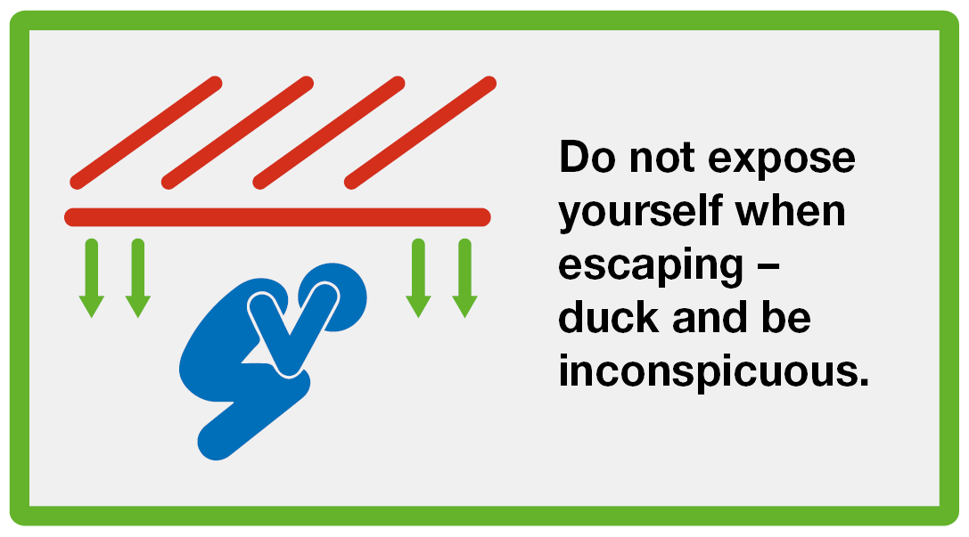 Run: Do not expose yourself when escaping - duck and be inconspicuous