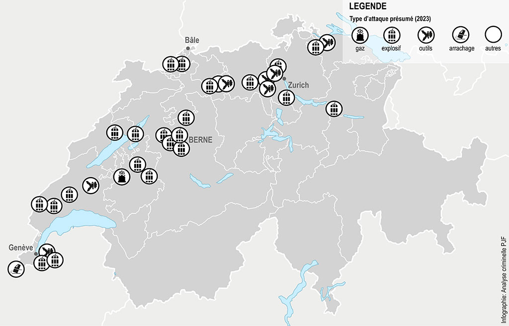 Infographie: Carte de la Suisse - attaques de bancomats. Type d'attaque présume (gaz, explosif, outils, arrachage)
