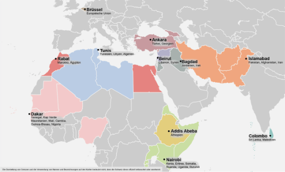 Eine Landkarte von Europa, Afrika und bis Sri Lanka zeigt die acht Standorte der Schweizer Immigration Liaison Officers in Ankara, Beirut, Tunis, Dakar, Abuja, Khartum, Addis Abeba und Colombo.