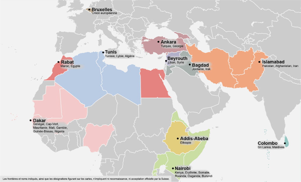 Une carte couvrant l'Europe, l'Afrique et le Sri Lanka montre les huit emplacements des Immigration Liaison Officers à Ankara, Beyrouth, Tunis, Dakar, Abuja, Khartoum, Addis Abeba et Colombo.