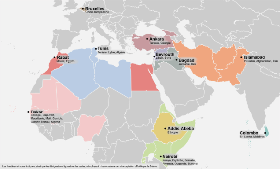 Une carte couvrant l'Europe, l'Afrique et le Sri Lanka montre les huit emplacements des Immigration Liaison Officers à Ankara, Beyrouth, Tunis, Dakar, Abuja, Khartoum, Addis Abeba et Colombo.