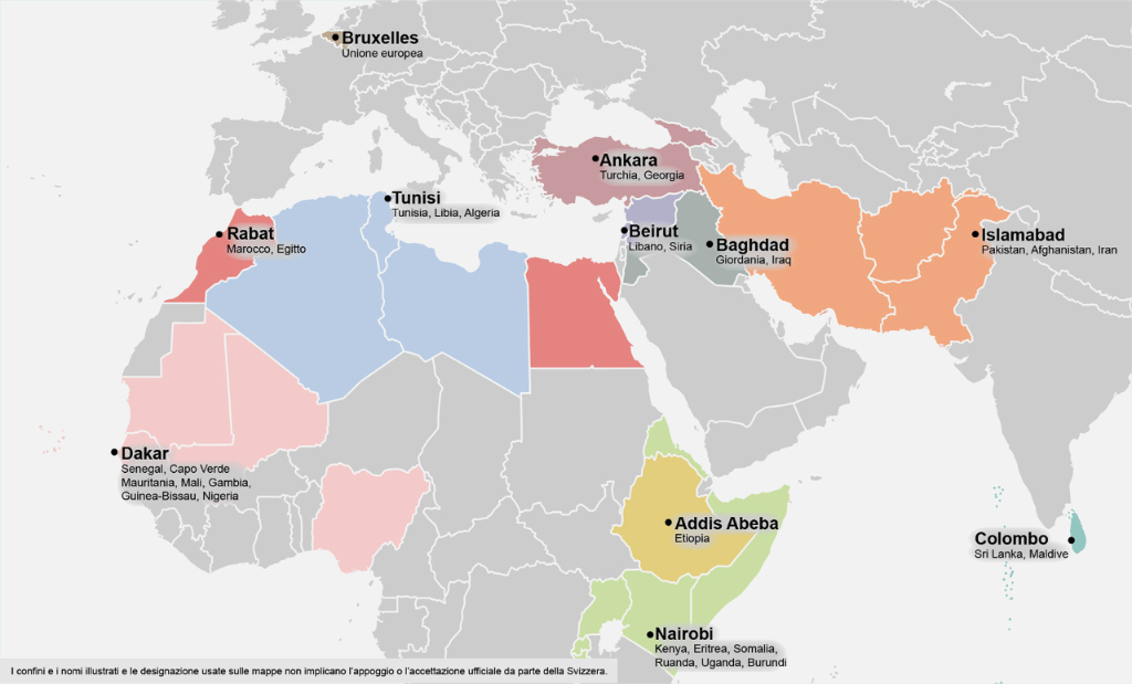 Una mappa che include Europa, Africa e Sri Lanka mostra le otto sedi degli ILO svizzeri stazionati ad Ankara, Beirut, Tunisi, Dakar, Abuja, Khartoum, Addis Abeba e Colombo.