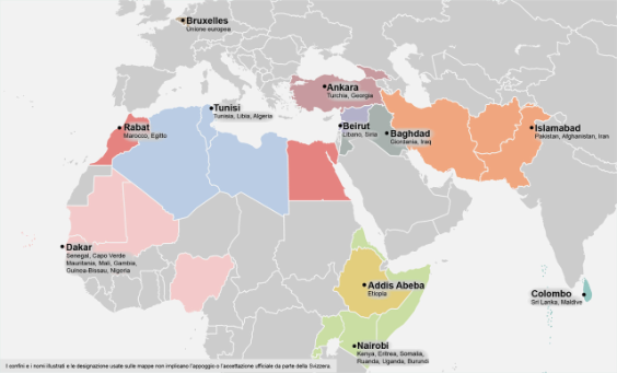 Una mappa che include Europa, Africa e Sri Lanka mostra le otto sedi degli ILO svizzeri stazionati ad Ankara, Beirut, Tunisi, Dakar, Abuja, Khartoum, Addis Abeba e Colombo.